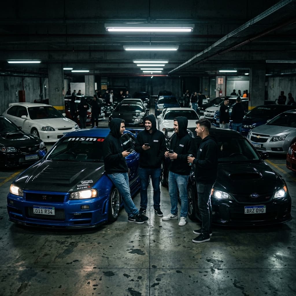 Grupo reunido ao lado dos carros à noite